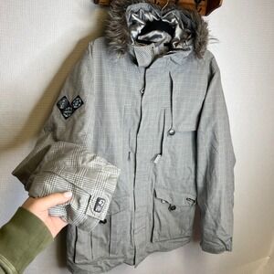 Burton Snowboard Jacket Mens Medium Grey Plaid Faux Fur Hood Powder Skirt Vent
